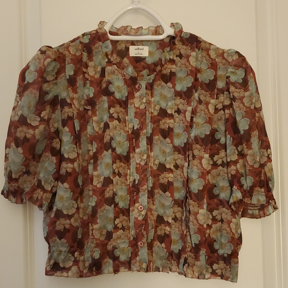 Wilfred Brown and Green Pleated Blouse with Mandarin Collar